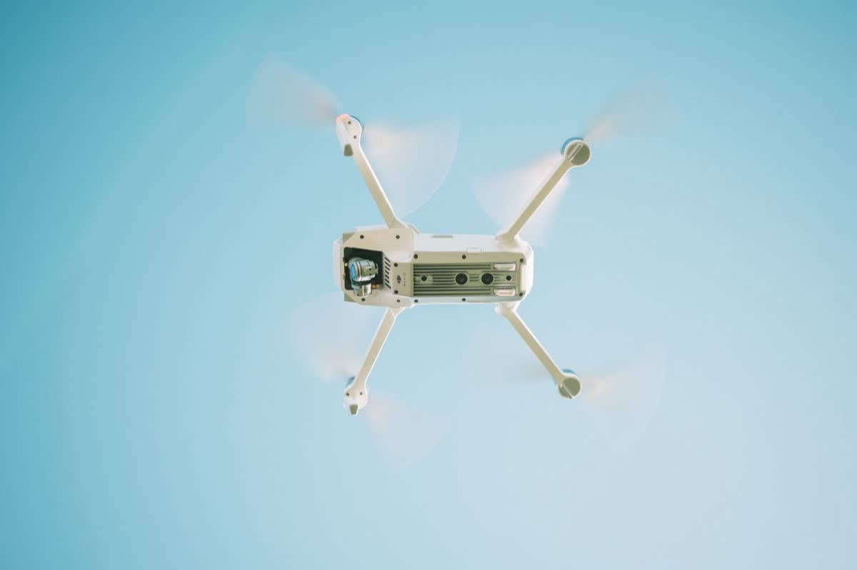 A camera drone in flight